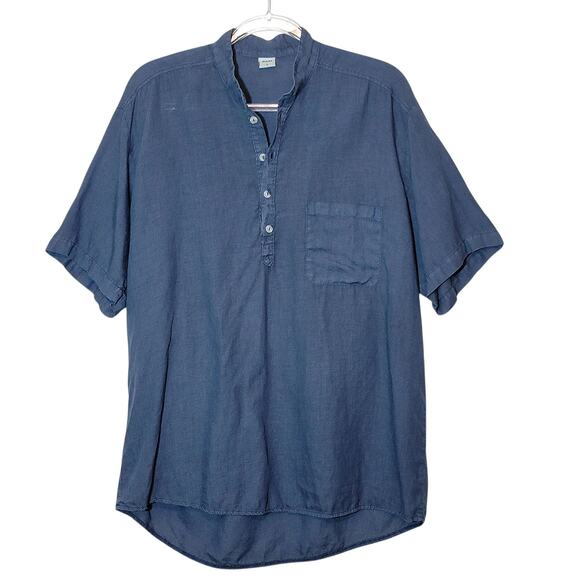 Beslika Blue Chambray Linen Tunic Top Short Sleeve Classic Minimalist Casual L - Picture 1 of 11